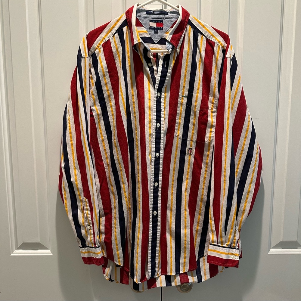 Tommy Hilfiger Vintage 90s Striped Long Sleeve Button Down Shirt w/ Crest Logo L
